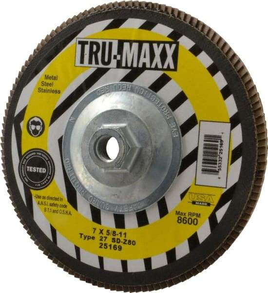 Tru-Maxx - 80 Grit, 7" Disc Diam, 5/8-11 Center Hole, Type 27 Zirconia Alumina Flap Disc - 8,600 Max RPM, Arbor Attaching System, Coated - Caliber Tooling