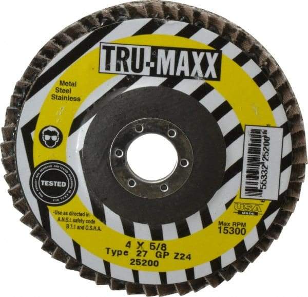 Tru-Maxx - 24 Grit, 4" Disc Diam, 5/8" Center Hole, Type 27 Zirconia Alumina Flap Disc - 15,300 Max RPM, Arbor Attaching System, Coated - Caliber Tooling