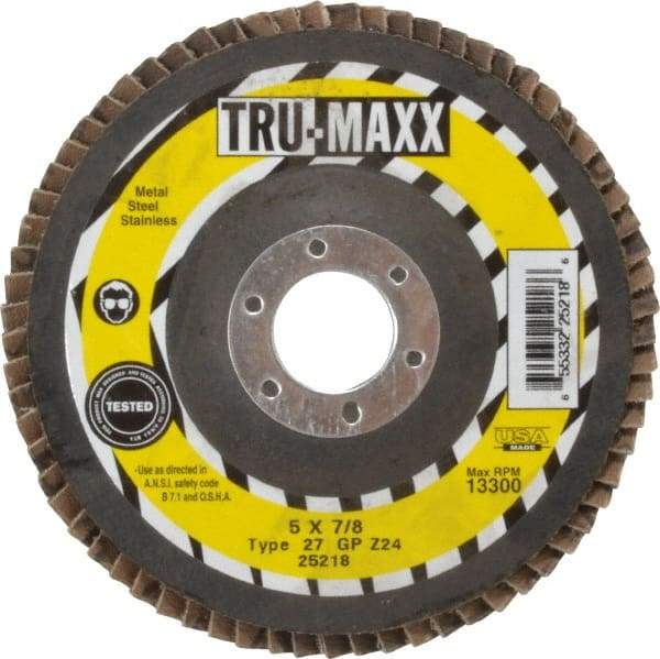 Tru-Maxx - 24 Grit, 5" Disc Diam, 7/8" Center Hole, Type 27 Zirconia Alumina Flap Disc - 12,200 Max RPM, Arbor Attaching System, Coated - Caliber Tooling