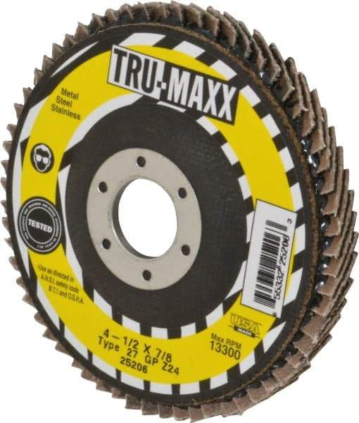 Tru-Maxx - 24 Grit, 4-1/2" Disc Diam, 7/8" Center Hole, Type 27 Zirconia Alumina Flap Disc - 13,300 Max RPM, Arbor Attaching System, Coated - Caliber Tooling