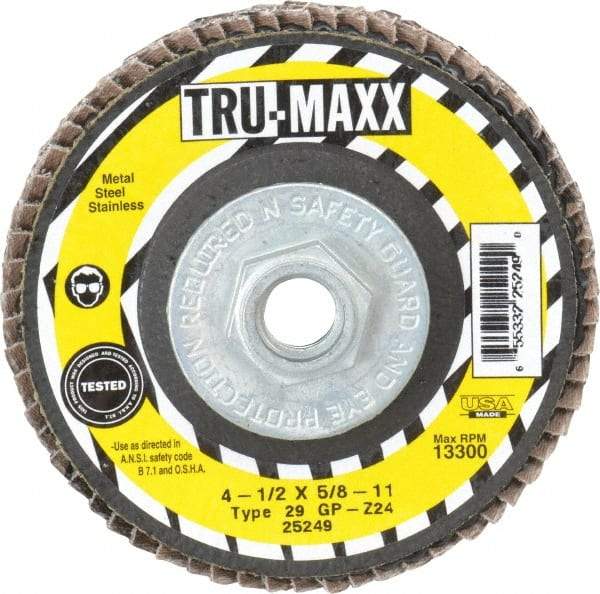 Tru-Maxx - 24 Grit, 4-1/2" Disc Diam, 5/8-11 Center Hole, Type 29 Zirconia Alumina Flap Disc - 13,300 Max RPM, Arbor Attaching System, Coated - Caliber Tooling