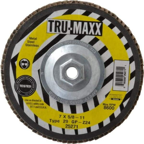 Tru-Maxx - 24 Grit, 7" Disc Diam, 5/8-11 Center Hole, Type 29 Zirconia Alumina Flap Disc - 8,600 Max RPM, Arbor Attaching System, Coated - Caliber Tooling