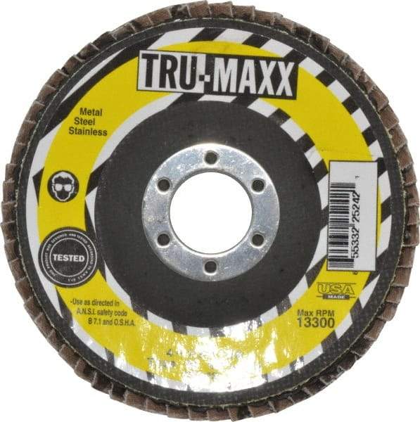 Tru-Maxx - 24 Grit, 4-1/2" Disc Diam, 7/8" Center Hole, Type 29 Zirconia Alumina Flap Disc - 13,300 Max RPM, Arbor Attaching System, Coated - Caliber Tooling