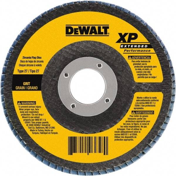 DeWALT - 120 Grit, 5" Disc Diam, 5/8-11 Center Hole, Type 29 Zirconia Alumina Flap Disc - 12,200 Max RPM, Poly Cotton Backing, Arbor Attaching System, Coated - Caliber Tooling