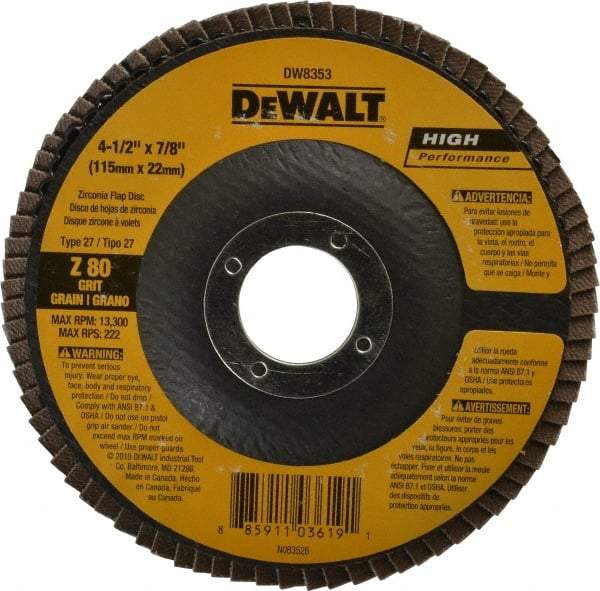 DeWALT - 80 Grit, 4-1/2" Disc Diam, 7/8" Center Hole, Type 27 Zirconia Alumina Flap Disc - 13,300 Max RPM, Fiberglass Backing, Arbor Attaching System, Coated - Caliber Tooling