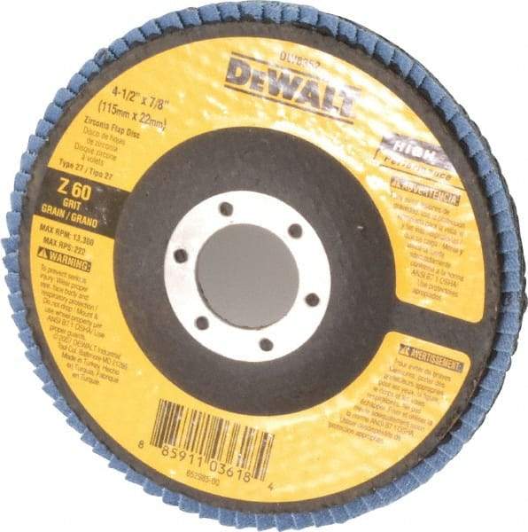 DeWALT - 60 Grit, 4-1/2" Disc Diam, 7/8" Center Hole, Type 27 Zirconia Alumina Flap Disc - 13,300 Max RPM, Fiberglass Backing, Arbor Attaching System, Coated - Caliber Tooling