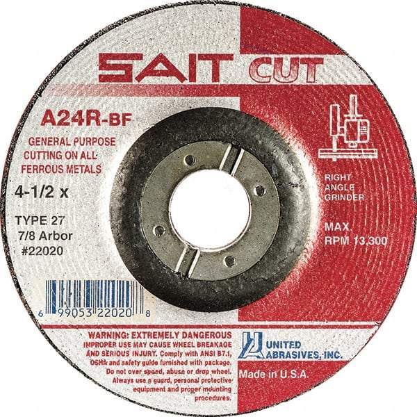 Sait - 3" 24 Grit Aluminum Oxide Cutoff Wheel - 1/8" Thick, 3/8" Arbor, 20,372 Max RPM, Use with Die Grinders - Caliber Tooling