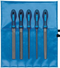 PFERD - 5 Piece American Pattern File Set - 10" Long, Bastard Coarseness, Ergonomic Handle, Set Includes Hand, Three Square, Square, Round, Tapered Half Round - Caliber Tooling