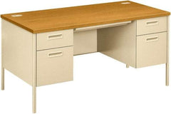 Hon - Laminate Top & Metal Base Double Pedestal Desk with Center Drawer - 60" Wide x 30" Deep x 29-1/2" High, Harvest/Putty - Caliber Tooling