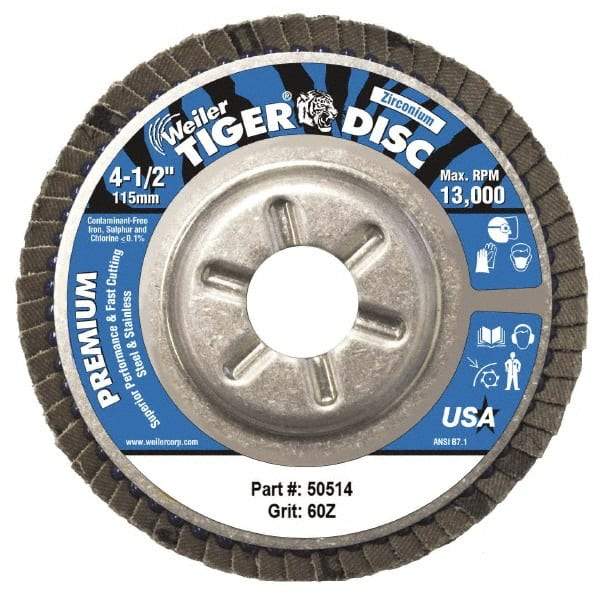 Weiler - 60 Grit, 4-1/2" Disc Diam, 5/8-11 Center Hole, Type 29 Zirconia Alumina Flap Disc - 13,000 Max RPM, Aluminum Backing, Coated - Caliber Tooling