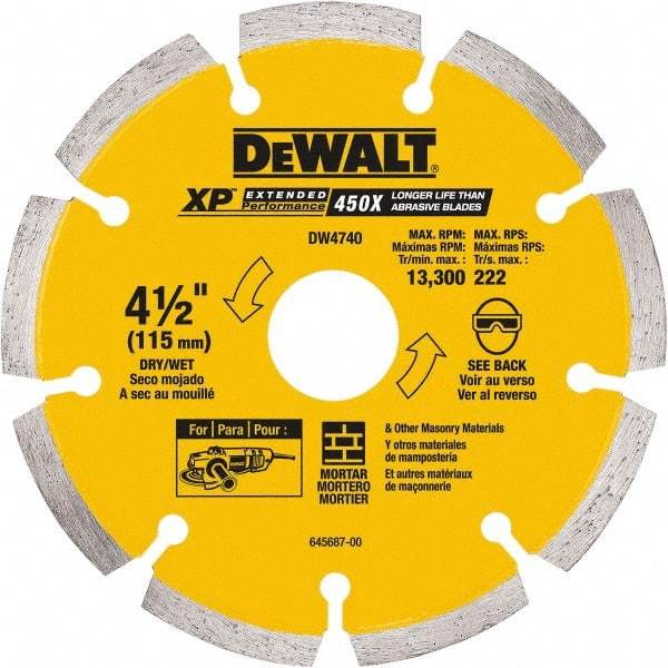 DeWALT - 4-1/2" Diam, 7/8" Arbor Hole Diam, Wet & Dry Cut Saw Blade - Diamond-Tipped, Standard Round Arbor - Caliber Tooling