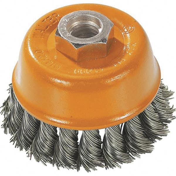 WALTER Surface Technologies - 3" Diam, 5/8-11 Threaded Arbor, Steel Fill Cup Brush - 0.015 Wire Diam, 12,000 Max RPM - Caliber Tooling
