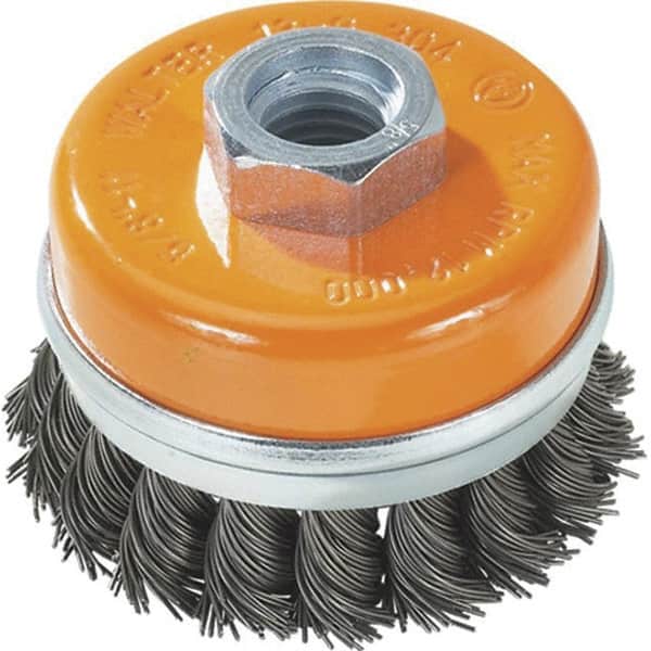 WALTER Surface Technologies - 4" Diam, 5/8-11 Threaded Arbor, Steel Fill Cup Brush - 0.02 Wire Diam, 8,600 Max RPM - Caliber Tooling