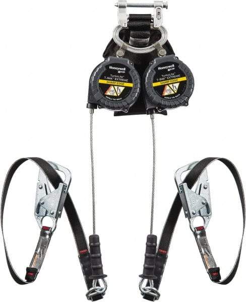 Miller - 11' Long, 420 Lb Capacity, Galvanized Steel Cable Fall Limiter - 3/16" Diam, Locking Snap Hook Connector, Aluminum Carabiner Connector with Integral Shock Pack, Metallic/Black - Caliber Tooling