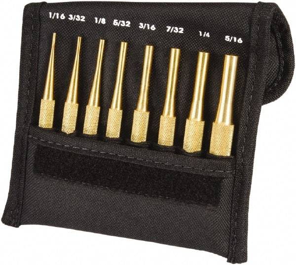 Starrett - 8 Piece, 1/16 to 5/16", Pin Punch Set - Round Shank, Brass, Comes in Pouch - Caliber Tooling