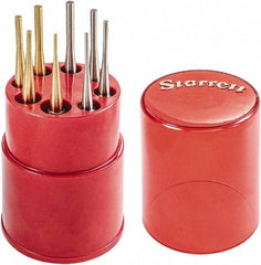 Starrett - 8 Piece, 1/16 to 5/32", Pin Punch Set - Round Shank, Brass & Steel, Comes in Plastic Tube - Caliber Tooling