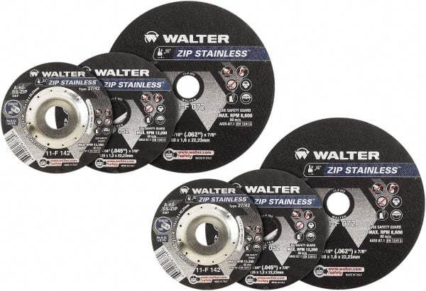 WALTER Surface Technologies - 4-1/2" Aluminum Oxide Cutoff Wheel - 3/64" Thick, 7/8" Arbor, 13,300 Max RPM, Use with Angle Grinders - Caliber Tooling