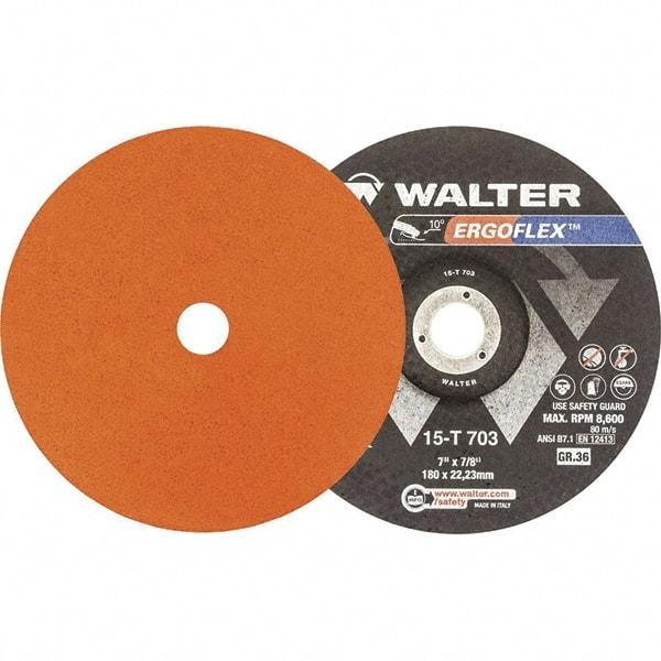 WALTER Surface Technologies - 36 Grit, 5" Disc Diam, 7/8" Center Hole, Type 29 Ceramic Flap Disc - 12,200 Max RPM, Fiber Backing, Arbor Attaching System, Coated - Caliber Tooling