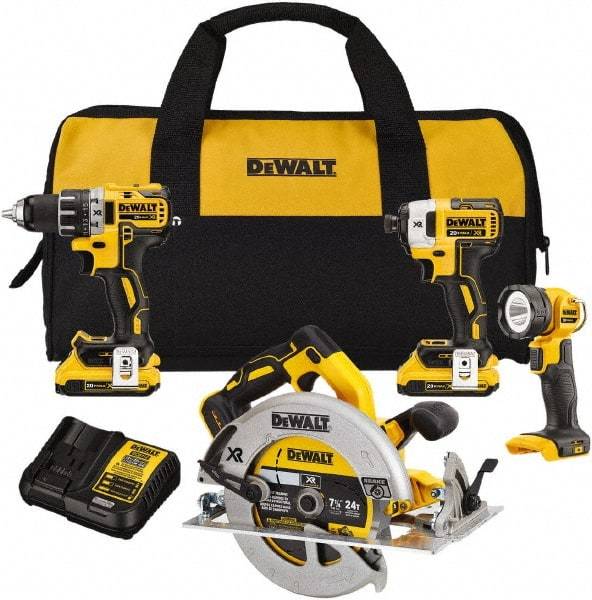 DeWALT - 20 Volt Cordless Tool Combination Kit - Includes 1/2" Drill/Driver, 1/4" Impact Driver, 7-1/4 Circular Saw & LED Worklight, Lithium-Ion Battery Included - Caliber Tooling