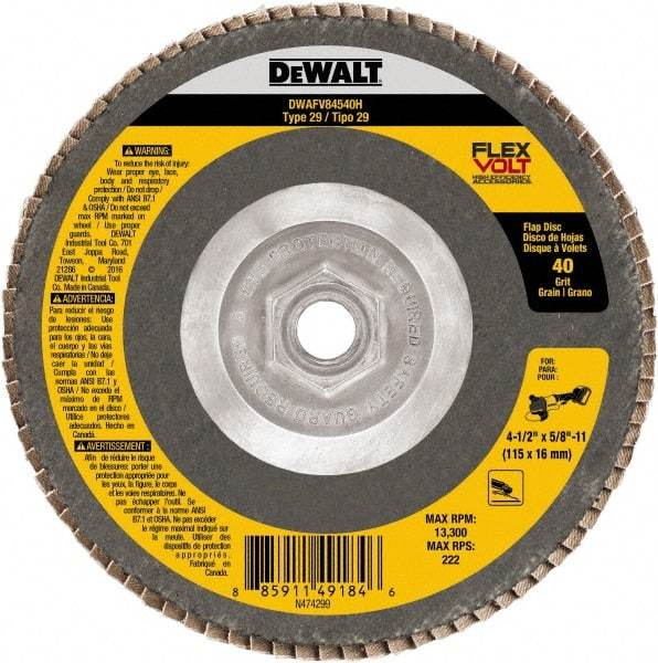 DeWALT - 40 Grit, 4-1/2" Disc Diam, 5/8-11 Center Hole, Type 29 Ceramic Alumina Flap Disc - 13,300 Max RPM, Poly Cotton Backing, Arbor Attaching System, Coated - Caliber Tooling