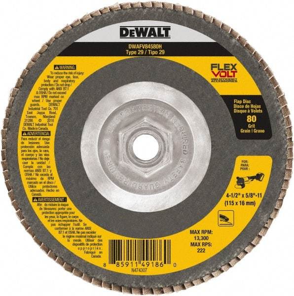 DeWALT - 80 Grit, 4-1/2" Disc Diam, 5/8-11 Center Hole, Type 29 Ceramic Alumina Flap Disc - 13,300 Max RPM, Poly Cotton Backing, Arbor Attaching System, Coated - Caliber Tooling