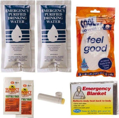 PRO-SAFE - Emergency Preparedness Kits Type: Cool Down Emergency Kit Contents: (2) Emergency Drinking Water Packets; (2) Sunscreen + Insect Repellant Cream; Cooling Towel; Emergency Mylar Blanket; Lip Balm - Caliber Tooling