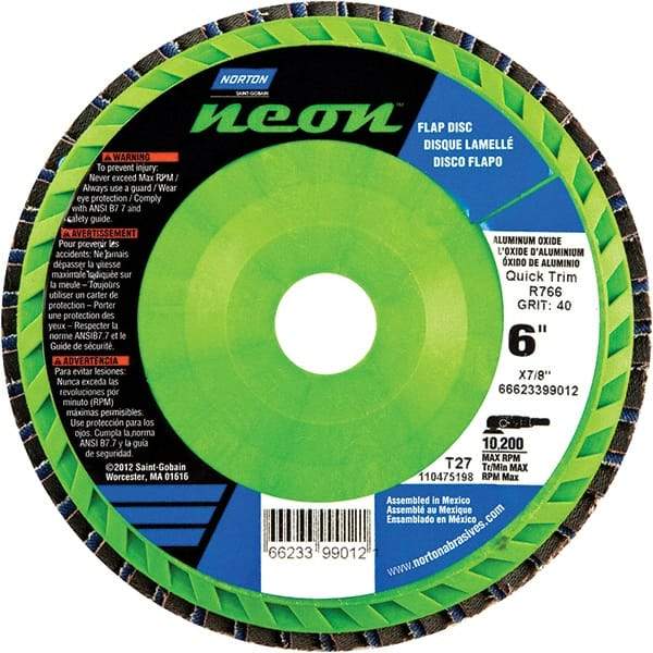 Norton - 80 Grit, 6" Disc Diam, 7/8" Center Hole, Type 27 Zirconia Alumina Flap Disc - 10,200 Max RPM, Polyester Backing, Arbor Attaching System, Coated - Caliber Tooling