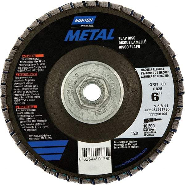 Norton - 60 Grit, 6" Disc Diam, 5/8-11 Center Hole, Type 29 Zirconia Alumina Flap Disc - 10,200 Max RPM, Fiberglass Backing, Arbor Attaching System, Coated - Caliber Tooling