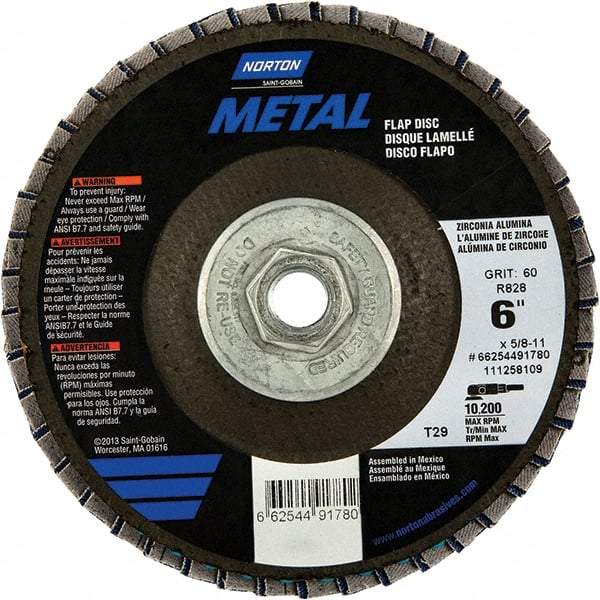 Norton - 40 Grit, 6" Disc Diam, 5/8-11 Center Hole, Type 29 Zirconia Alumina Flap Disc - 10,200 Max RPM, Fiberglass Backing, Arbor Attaching System, Coated - Caliber Tooling