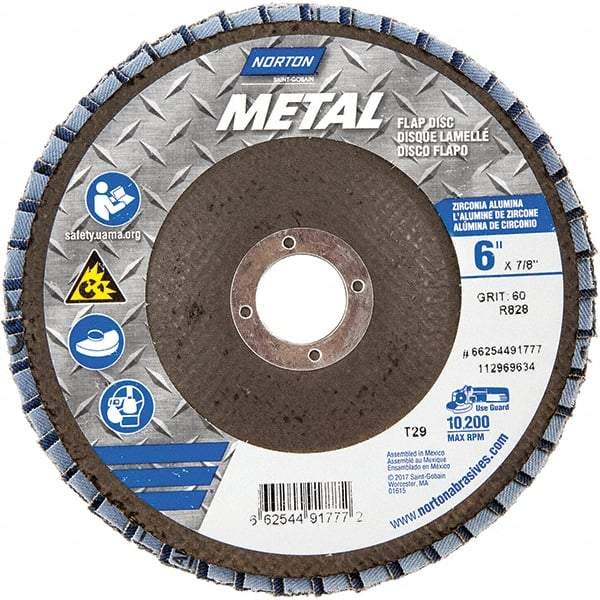 Norton - 60 Grit, 6" Disc Diam, 7/8" Center Hole, Type 29 Zirconia Alumina Flap Disc - 10,200 Max RPM, Fiberglass Backing, Arbor Attaching System, Coated - Caliber Tooling