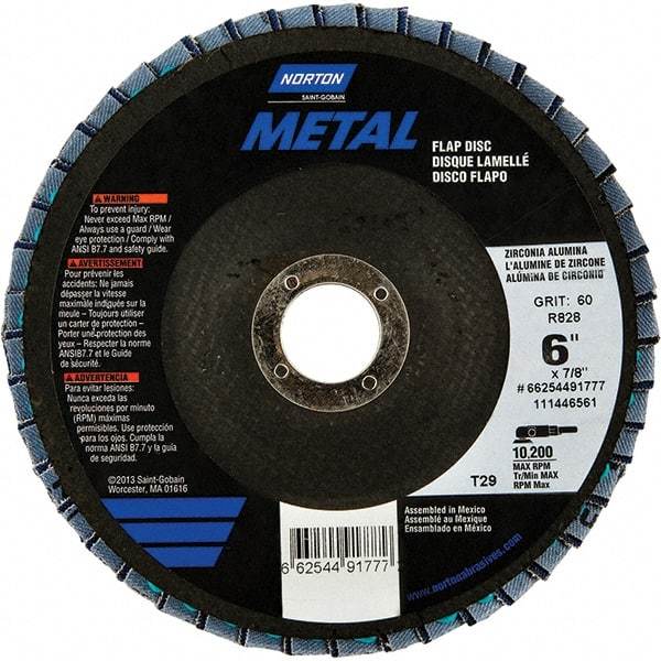 Norton - 40 Grit, 6" Disc Diam, 7/8" Center Hole, Type 29 Zirconia Alumina Flap Disc - 10,200 Max RPM, Fiberglass Backing, Arbor Attaching System, Coated - Caliber Tooling