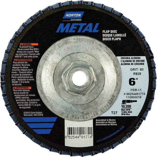 Norton - 80 Grit, 6" Disc Diam, 5/8-11 Center Hole, Type 27 Zirconia Alumina Flap Disc - 10,200 Max RPM, Fiberglass Backing, Arbor Attaching System, Coated - Caliber Tooling