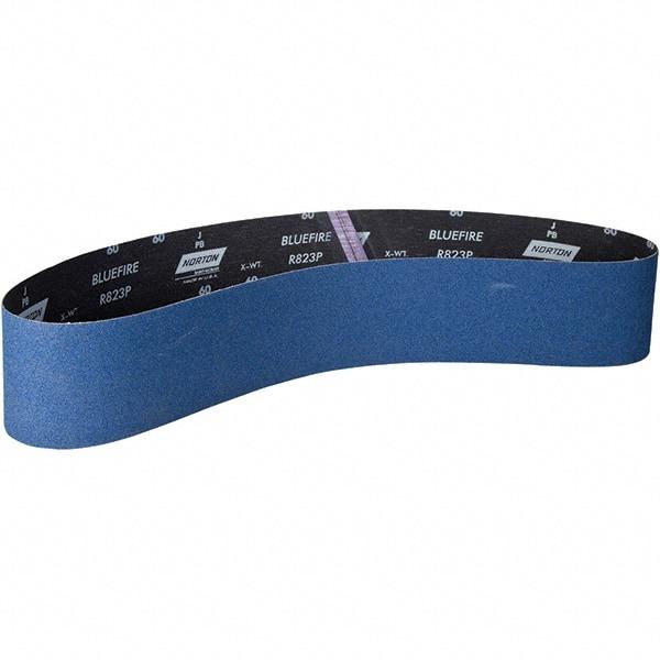 Norton - 4" Wide x 54" OAL, 60 Grit, Zirconia Alumina Abrasive Belt - Zirconia Alumina, Coated, X Weighted Paper Backing - Caliber Tooling