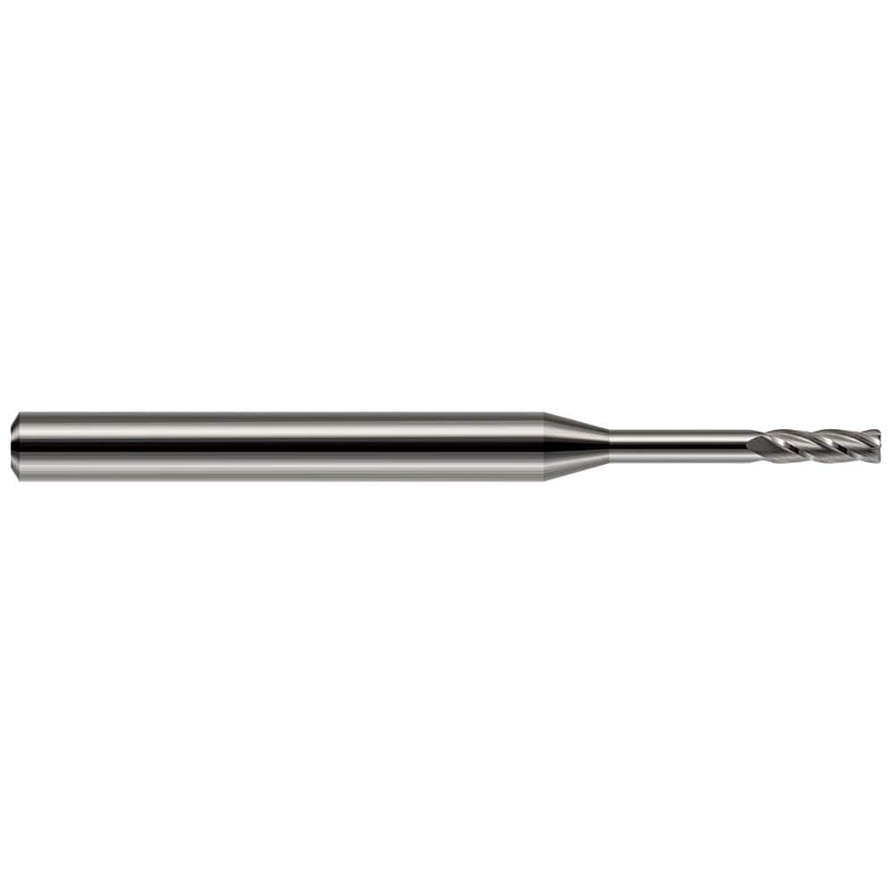 Corner Radius End Mill: 0.02″ Dia, 0.06″ LOC, 0.01″ Radius, 4 Flutes, Solid Carbide 1-1/2″ OAL, 1″ Shank Dia, Helix, Bright/Uncoated, Corner Radius End, Centercutting