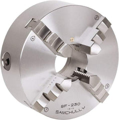 Samchully - 4 Jaw, 192mm Diam, Self Centering Manual Lathe Chuck - Rear Mount, Adjustable, 57mm Through Hole Diam, Forged Steel - Caliber Tooling