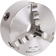 Samchully - 3 Jaw, 85mm Diam, Self Centering Manual Lathe Chuck - Rear Mount, Adjustable, 16mm Through Hole Diam, Forged Steel - Caliber Tooling