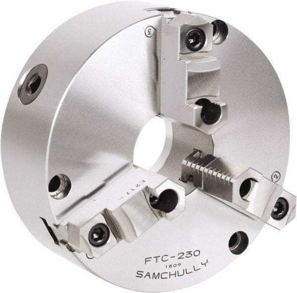 Samchully - 3 Jaw, 535mm Diam, Self Centering Manual Lathe Chuck - Front Mount, Adjustable, 195mm Through Hole Diam, Forged Steel - Caliber Tooling