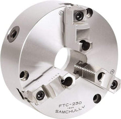 Samchully - 3 Jaw, 192mm Diam, Self Centering Manual Lathe Chuck - Front Mount, Adjustable, 57mm Through Hole Diam, Forged Steel - Caliber Tooling