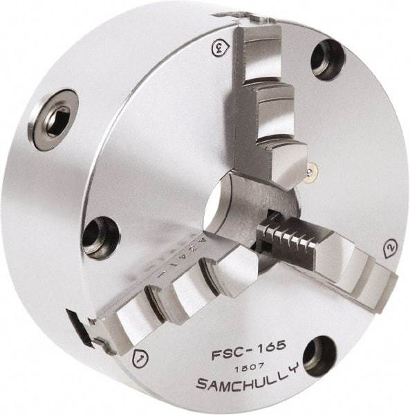 Samchully - 3 Jaw, 167mm Diam, Self Centering Manual Lathe Chuck - Front Mount, Adjustable, 45mm Through Hole Diam, Forged Steel - Caliber Tooling