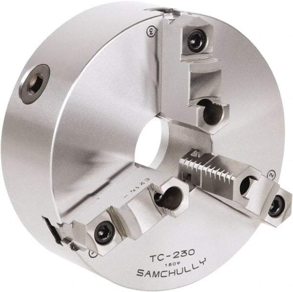 Samchully - 3 Jaw, 310mm Diam, Self Centering Manual Lathe Chuck - Rear Mount, Adjustable, 100mm Through Hole Diam, Forged Steel - Caliber Tooling