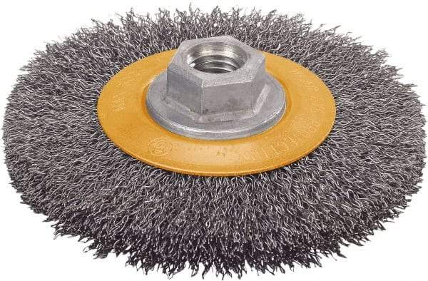 WALTER Surface Technologies - 4-1/2" OD, 5/8-11 Arbor Hole, Crimped Stainless Steel Wheel Brush - 5/8" Face Width, 1" Trim Length, 0.0118" Filament Diam, 12,500 RPM - Caliber Tooling