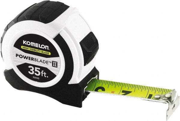 Komelon - 35' x 1-1/16" Yellow Steel Blade Tape Measure - 1/4, 1/8 & 1/16" Graduation, ABS Plastic Case - Caliber Tooling