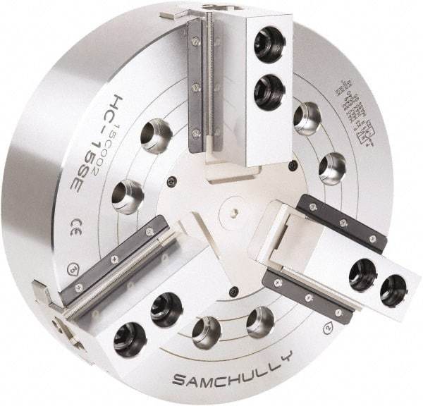 Samchully - 3 Jaw, 381mm Chuck Diam, Plain Back Mount, 0mm Through Hole Diam, Drawbar Hydraulic Power Lathe Chuck - 1.5mm x 60° Serrated Jaw Interface, 3,040 RPM, Steel Body - Caliber Tooling