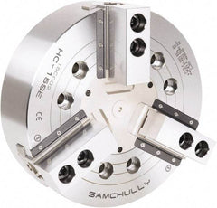 Samchully - 3 Jaw, 450mm Chuck Diam, Plain Back Mount, 0mm Through Hole Diam, Drawbar Hydraulic Power Lathe Chuck - 1.5mm x 60° Serrated Jaw Interface, 2,710 RPM, Steel Body - Caliber Tooling