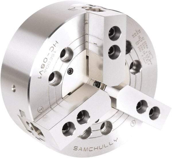 Samchully - 3 Jaw, 1600mm Chuck Diam, Plain Back Mount, 0mm Through Hole Diam, Drawbar Hydraulic Power Lathe Chuck - Tongue & Groove Jaw Interface, 400 RPM, Steel Body - Caliber Tooling