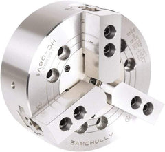 Samchully - 3 Jaw, 304mm Chuck Diam, Plain Back Mount, 0mm Through Hole Diam, Drawbar Hydraulic Power Lathe Chuck - 1.5mm x 60° Serrated Jaw Interface, 3,380 RPM, Steel Body - Caliber Tooling