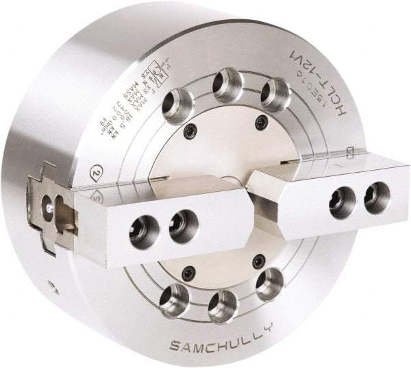 Samchully - 2 Jaw, 304mm Chuck Diam, Plain Back Mount, 0mm Through Hole Diam, Drawbar Hydraulic Power Lathe Chuck - 1.5mm x 60° Serrated Jaw Interface, 2,500 RPM, Steel Body - Caliber Tooling