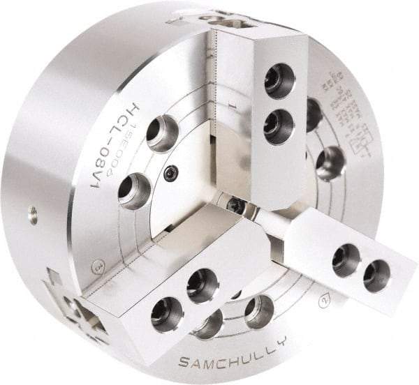 Samchully - 3 Jaw, 165mm Chuck Diam, Plain Back Mount, 0mm Through Hole Diam, Drawbar Hydraulic Power Lathe Chuck - 1.5mm x 60° Serrated Jaw Interface, 4,300 RPM, Steel Body - Caliber Tooling