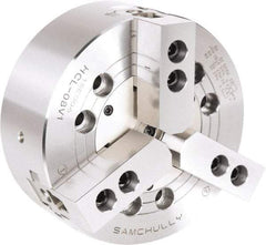 Samchully - 3 Jaw, 304mm Chuck Diam, Plain Back Mount, 0mm Through Hole Diam, Drawbar Hydraulic Power Lathe Chuck - 1.5mm x 60° Serrated Jaw Interface, 2,500 RPM, Steel Body - Caliber Tooling