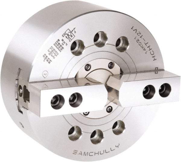 Samchully - 2 Jaw, 381mm Chuck Diam, Plain Back Mount, 0mm Through Hole Diam, Drawtube Hydraulic Power Lathe Chuck - 1.5mm x 60° Serrated Jaw Interface, 2,500 RPM, Steel Body - Caliber Tooling